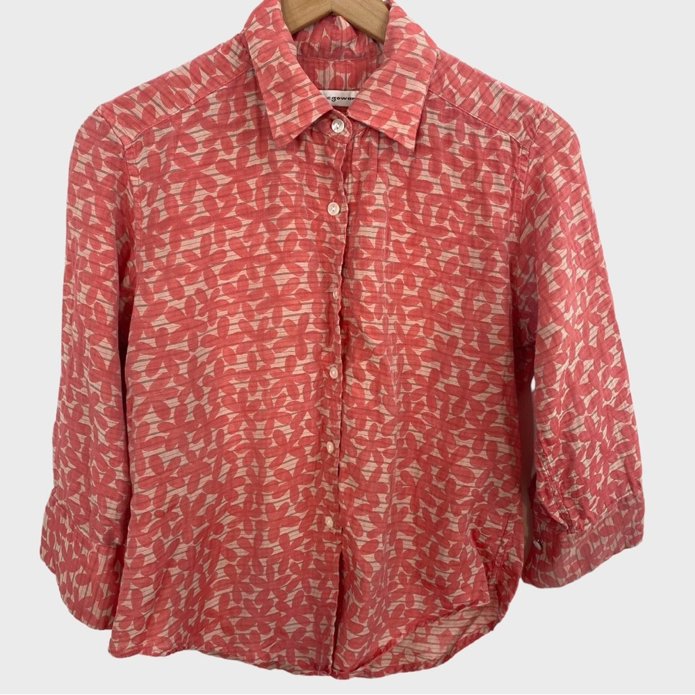 Jill McGowan Coral Floral Stripe Button Down Shirt Size Small